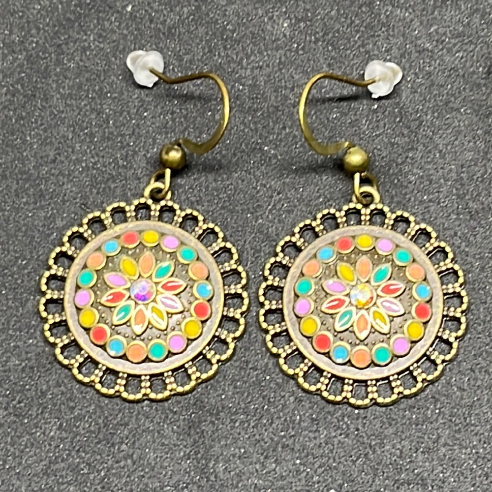 Boho Mandala Earrings‎ Bronze Dangle Colorful Flower Charm Hippie Chic Jewelry